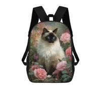 sinyumoney Siam Cat with Pink Roses Rucksacks 3D Printed Children 17inch Backpacks Fashion Casual Daypack Travel Bags Outdoor Casual Daypack for Boy And Girl