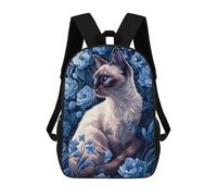 sinyumoney Siamese Cat in Blue Flowers 3D Printed 17inch School Bag Children's School Backpack Travel Backpacks Casual Fashion Bag for Kids School Students