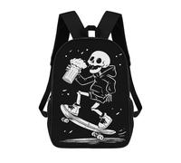 sinyumoney Skeleton Skateboarder with Beer Backpack School Bag School Secondary High School College Backpack Travel for Girls Boys Teenage 17inch