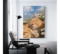 sinyumoney Sleepy Orange Cat in Daisies Paintings for Bedrooms Prints for Special Occasions Canvas Art 20x30inch(50x75cm)