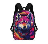 sinyumoney Space Wolf Headphones Art Print-2 Children's Backpacks 17inch School Backpack 3D Printed Bag Bookbag for Kids Travel Rucksacks Boy Girl Book Bags Kids School Bag
