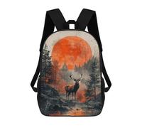 sinyumoney Stag in Forest with Red Moon 17 Inch Backpacks Kids Schoolbag,3D Printed Elementary And Middle School Students Backpacks for Boys Girls