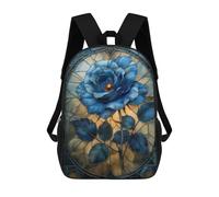 sinyumoney Stained Glass Blue Rose Backpacks Kids School Backpack School Bag 3D Printed School Bag for Boys Elementary And Middle School Students 17inch