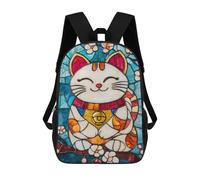 sinyumoney Stained Glass Fortune Cat Decor Backpack School Bag Fashion Stationery Backpack Waterproof Casual Daypacks- Perfect for Travel, Work And Daily Use 17inch