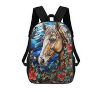 sinyumoney Stained Glass Horse Portrait with Flowers Kids Backpack,School Backpack Kids School Bag 3D Printed Cartoon Large Capacity Backpack for Kids Boys And Girls 17inch