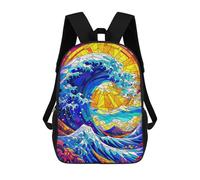 sinyumoney Stained Glass Kanagawa 3D Printed Children's 17 Inch Backpacks 3D Printed Casual School Bag for Boys Elementary And Middle