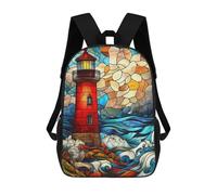 sinyumoney Stained Glass Lighthouse School Bag Backpack Teen Schoolbag 3D Printing Adjustable Schoolbag Fashion Pocket Bag for Kids Boys Girls Students And Teenagers Fans 17inch