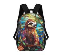 sinyumoney Stained Glass Sloth in Floral Frame School Backpack School Bags for Girls Boys Backpack with Pocket Fashion School Bag Kids Backpack 17inch