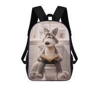 sinyumoney Stuffed Wolf Reading on Toilet Rucksack Secondary Causal Travel High School Bags for Boys/Girls/Teenagers 17inch