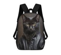 sinyumoney Stylish Black Cat in Leather Jacket School Backpack Rucksack Casual Daypacks School Work Travel Bag for Camping Outdoor Adventures And Daily Travel 17inch