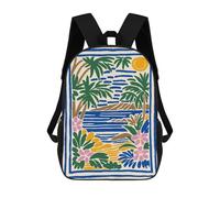 sinyumoney Tropical Beach Illustration with Floral Border Backpack School Fashion Stationery Backpack Waterproof Casual Daypacks for Campus Outdoor Travel Sports 17inch