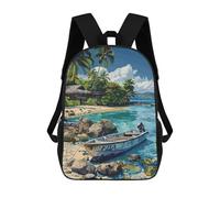 sinyumoney Tropical Beach with Boat And Hut 3D Printed Children's School Backpack for Kids High Capacity Travel Rucksacks Book Bags Kids School Bag Back Pack 17inch