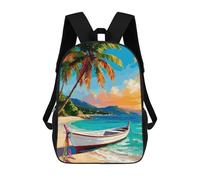 sinyumoney Tropical Beach with Boat And Palm Backpacks Kids School Backpack School Bag 3D Printed School Bag for Boys Elementary And Middle School Students 17inch