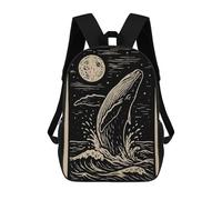 sinyumoney Whale Breaching at Night Linocut Art Backpacks Kids Student Schoolbag,3D Printed Backpacks,Elementary And Middle School Students Backpacks for Boys Girls 17inch