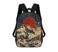 sinyumoney Whale Riding Waves with Red Sun-1 3D Printed 17inch Kids School Backpack School Bag Fashion Rucksacks for Boys Elementary And Middle School Students