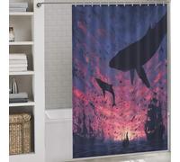 sinyumoney Whales Above The Sailing Ships Anti-Mould Proof Resistant Fabric Polyester Shower Curtain with Hooks for Bathroom for Travel Trailer 56.30x70.87Inch（143x180cm）
