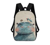 sinyumoney Whimsical Hippo & Bird Art Print Backpack for School 3D Printed Boys Girls School BagChildren Bookbag Travel Rucksack 17inch