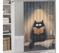 sinyumoney Whiskered Wisdom A Cat's Literary Night Bath Shower Curtains Mildew with Hooks Waterproof Fabric Bath Curtains for Shower for Bathroom with Hooks 56.30x70.87Inch（143x180cm）