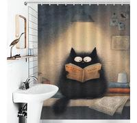sinyumoney Whiskered Wisdom A Cat's Literary Night Shower Curtain Waterproof Mould 100% Polyester Fabric Modern Fabric Bathroom Decor Set with Hooks 56.30x70.87Inch（143x180cm）