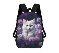 sinyumoney White Cat with Purple Flowers School Bag Backpack Teen Schoolbag 3D Printing Adjustable Schoolbag Fashion Pocket Bag for Kids Boys Girls Students And Teenagers Fans 17inch