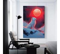 sinyumoney White Fox Under Red Moon Canvas Prints Artwork Poster Wall Decor for Bathroom Pictures Bedroom Wall Family Prints Paintings Wall 24x36inch(60x90cm)
