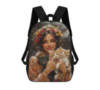 sinyumoney Winter Floral Crown with Kittens 3D Printed Children's School Backpack for Kids Travel Rucksacks Book Bags Kids School Bag 17inch