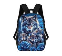 sinyumoney Wolf Pack Blue Roses Fantasy Art Print 17inch School Bag 3D Printed Children's School Backpack Casual Fashion Travel Backpacks for Kids School Students