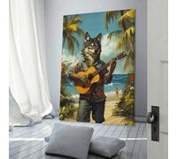 sinyumoney Wolf Playing Guitar on Tropical Beach Canvas Artwork for Wall Wall Art for Teenage Boys Bedroom Wall Decoration 12x18inch(30x45cm)