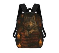 sinyumoney Wolf Resting on Books with Candles 17 Inch Backpack School Bag Rucksack for Girls Boys Large Capacity Kids Back Pack Lightweight School Bags for Children Students