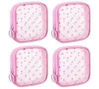 Sinzip 4 Pieces Mini Zipper Nylon Mesh Pouch, Mesh Cosmetic Bags Makeup Bags, Multipurpose Travel Toiletry Bags for Office Supplies and Travel Accessories, Heart Print-Pink, Small