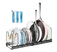 Siocok Expandable Pans Organiser Rack, Expandable Pan Organiser Rack for Cupboard with 10 Dividers Expandable Pot Lid Rack, Multi-Functional Desktop Retractable Pot Lid Rack, with Cleaning Cloth