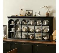 SIONDSTS 15/18 Grid Coffee Mug Display Rack,Vintage Wall-Mounted Curio Case Shelves Organizer,Wall Mount Floating Shelf,Farmhouse Countertop Solid Wood Cup Holder for Living Room or Kitchen,Black,86cm