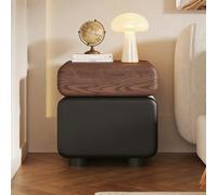 SIONDSTS Wood Bedside Table,Rotating Leather Nightstand, Modern Creative Nightstand with Hidden Handles, Minimalist Side Table with 2 Drawers, Storage Side Cabinet for Bedroom, Living Room,Black,40cm