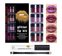Sionhiuo Glitter Lip Powder, Long Lasting Glitter Lip Powder with Primer & Brush, Shiny Makeup Set for Women as a Gift for Wedding, Halloween, Party, Christmas, Family Party
