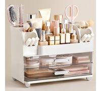SIOOUI Makeup Organiser with Brush Holder for Vanity, Large Plastic Bathroom Countertop Organiser Skin Care Storage, Easy to Store Lipsticks, Nail Polishes, Perfumes, Eyeshadow Palettes - White