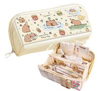 SIORTIO Pencil Pouch, Beige-2, Multi-layer Large Capacity, Capybara Print, Quirky Fun Adorable
