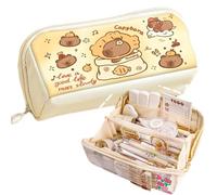 SIORTIO Pencil Pouch, Multi-Layer Large Capacity, Capybara Print, Quirky Fun (Beige-2, Leather)