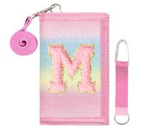 SiorVeol Girls Wallet for Kids Initial Glitter Wallets Trifold with Zipper and Card Slots Including Neck Lanyard and Hanging Strap, Rainbow with Stripes, M