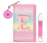 SiorVeol Girls Wallet for Kids Initial Glitter Wallets Trifold with Zipper and Card Slots Including Neck Lanyard and Hanging Strap, Rainbow with Stripes, E