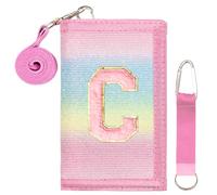 SiorVeol Girls Wallet for Kids Initial Glitter Wallets Trifold with Zipper and Card Slots Including Neck Lanyard and Hanging Strap, Rainbow with Stripes, C