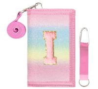 SiorVeol Girls Wallet for Kids Initial Glitter Wallets Trifold with Zipper and Card Slots Including Neck Lanyard and Hanging Strap, Rainbow with Stripes, I