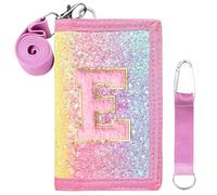 SiorVeol Girls Wallet for Kids Initial Glitter Wallets Trifold with Zipper and Card Slots Including Neck Lanyard and Hanging Strap, Vertical Rainbow, 3x5 inch