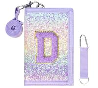 SiorVeol Girls Wallet for Kids Initial Glitter Wallets Trifold with Zipper and Card Slots Including Neck Lanyard and Hanging Strap, Pink Purple, D