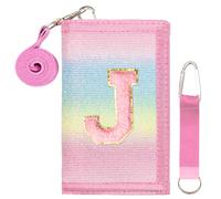 SiorVeol Girls Wallet for Kids Initial Glitter Wallets Trifold with Zipper and Card Slots Including Neck Lanyard and Hanging Strap, Rainbow with Stripes, J