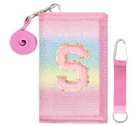 SiorVeol Girls Wallet for Kids Initial Glitter Wallets Trifold with Zipper and Card Slots Including Neck Lanyard and Hanging Strap, Rainbow with Stripes, S