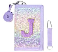 SiorVeol Girls Wallet for Kids Initial Glitter Wallets Trifold with Zipper and Card Slots Including Neck Lanyard and Hanging Strap, Pink Purple, J