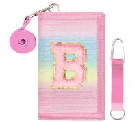 SiorVeol Girls Wallet for Kids Initial Glitter Wallets Trifold with Zipper and Card Slots Including Neck Lanyard and Hanging Strap, Rainbow with Stripes, B