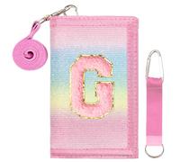 SiorVeol Girls Wallet for Kids Initial Glitter Wallets Trifold with Zipper and Card Slots Including Neck Lanyard and Hanging Strap, Rainbow with Stripes, G