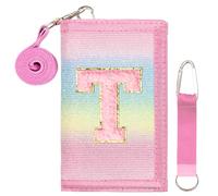 SiorVeol Girls Wallet for Kids Initial Glitter Wallets Trifold with Zipper and Card Slots Including Neck Lanyard and Hanging Strap, Rainbow with Stripes, T