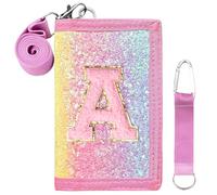 SiorVeol Girls Wallet for Kids Initial Glitter Wallets Trifold with Zipper and Card Slots Including Neck Lanyard and Hanging Strap, Vertical Rainbow, A